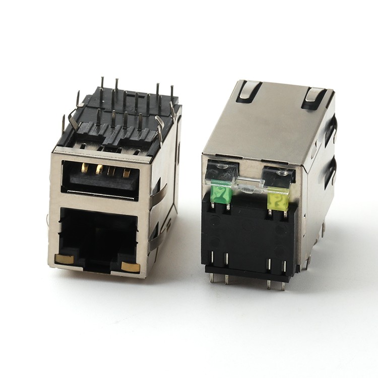 RJ45+USB Female Connector with Led Light 100Mbps Dip Type 90Degree for Ethernet Adapter