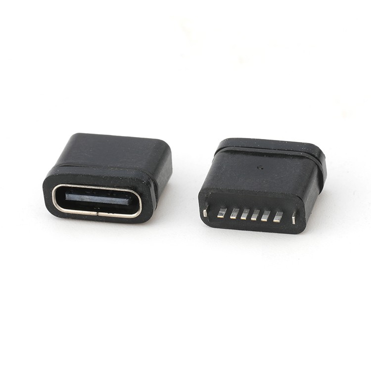 IPX7 USB C Female Connector H10.2mm Vertical Dip Type Waterproof USB 6Pin Socket Connector