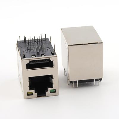 90Degree 8+19Pin Dip Type with Leds RJ45+HDMI Female Connector