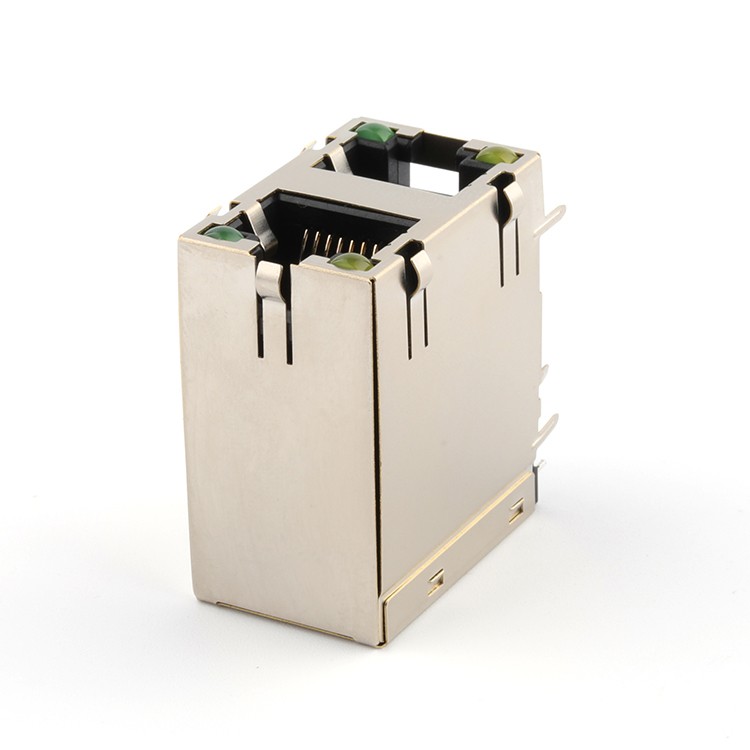 Dual Port Right Angle 12.7H RJ45 Female Connector with Led Light