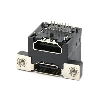 Dual Stacked Through Hole High Definition Multimedia Interface Female Connector with Screw